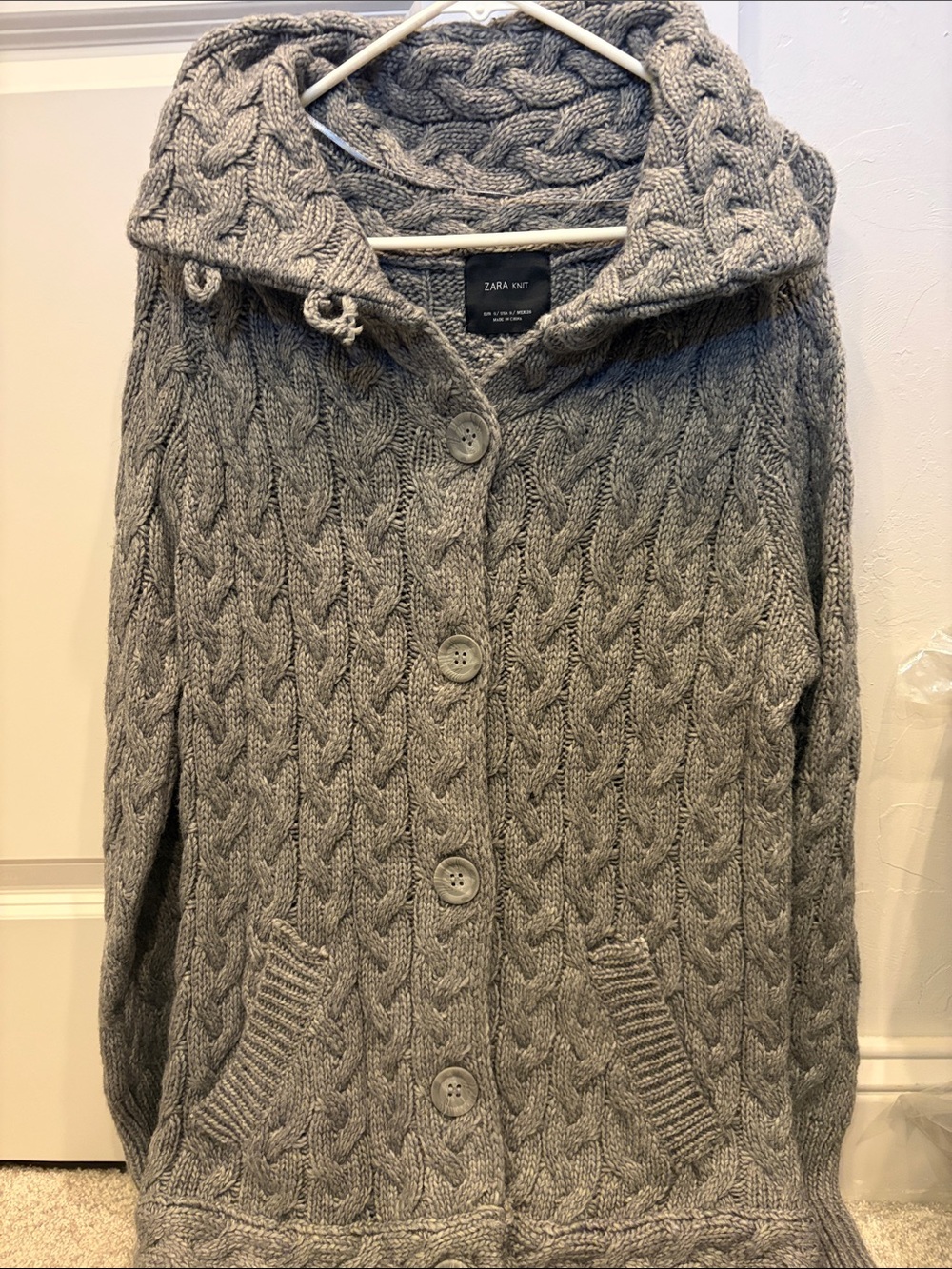 Zara Gray Cable-Knit Hooded Button Cardigan